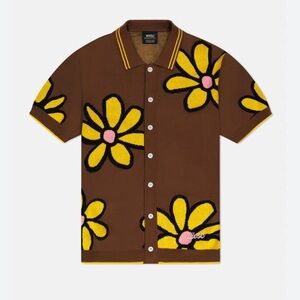 WESC Polo Shirt Mens M Brown Yellow Daisy Floral‎ Knit Collared Button Up Unisex